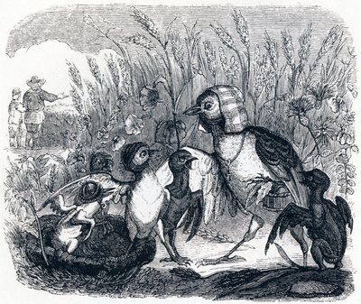 Die Lerche und ihre Jungen, mit dem Besitzer eines Feldes - Fabeln von La Fontaine von Grandville