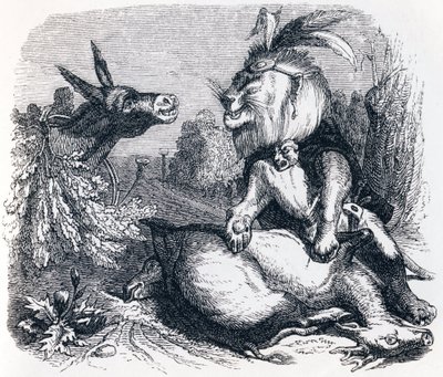 Der Löwe und der Esel auf der Jagd - Fabeln von La Fontaine von Grandville