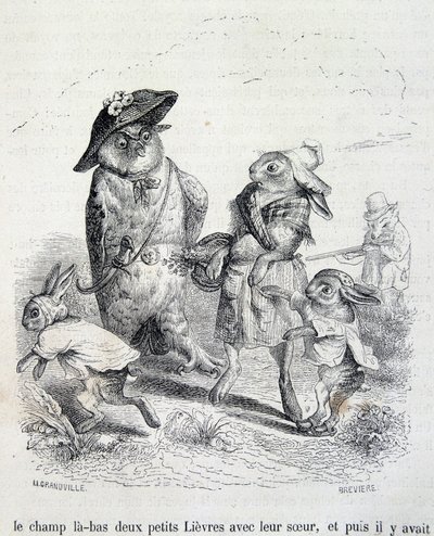 Die zwei kleinen Hasen, ihre Schwester und die Eule - von Grandville von Grandville