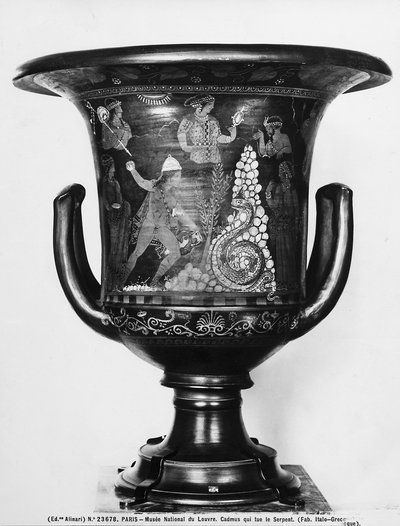 Glockenkrater mit mythologischen Szenen, die Kadmos und die Schlange darstellen von Greek