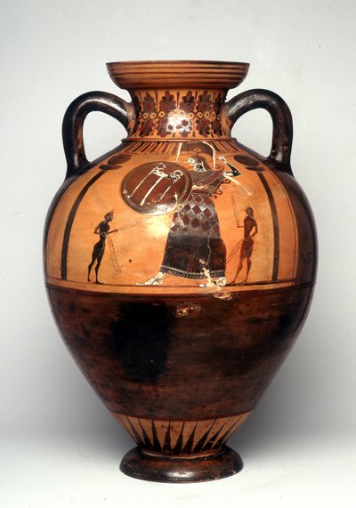 Schwarzfigurige Vase, die Athena zeigt, wie sie einen Schild und einen Speer schwingt, 550 v. Chr. (Keramik) von Greek