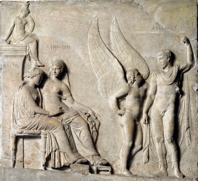 Griechische Kunst: „Der Prinz von Sparta Paris verführt Helena von Troja, Aphrodite ist dargestellt“ (Marmorrelief, 1. Jahrhundert v. Chr.) von Greek