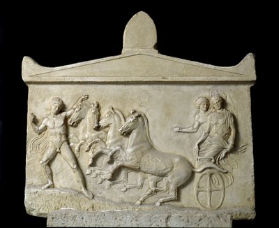 Griechische Kunst: Relief gewidmet Hermes und den Nymphen: das Quadriga von Echelos entführt Basil. 420-410 v. Chr. Athen, Nationalmuseum für Archäologie von Greek