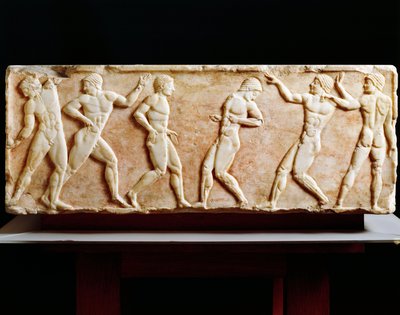 Griechische Zivilisation, Stele, die Athleten im Gymnasium darstellt, aus der Nekropole Kerameikos in Athen, Griechenland, 510 v. Chr. von Greek
