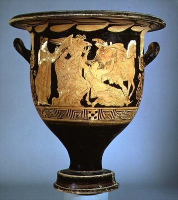 Attisch rotfiguriger Glockenkrater, der Boreas mit Oreithya darstellt von Greek