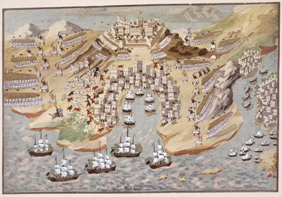 Vogelperspektive auf Westgriechenland, zentriert auf Vonitsa, aus der Bildgeschichte des griechischen Unabhängigkeitskrieges von Greek School