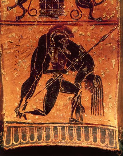 Schwarzfigurige Keramik, François-Vase, attischer Volutenkrater signiert vom Töpfer Ergotimos und dem Maler Kleitias, Detail, Ajax Telamon trägt den toten Körper von Achilles, 570-560 v. Chr. von Greek School