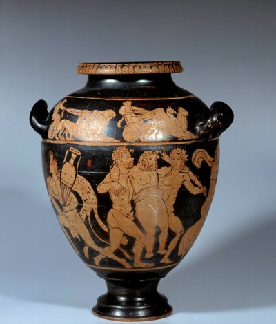 Griechische Kunst: attische Stamnos in Keramik mit roten Figuren. Dionysische Szene von Greek School