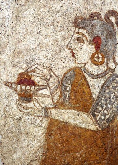 Griechische Zivilisation, Fresko, das eine Priesterin zeigt, die Weihrauch verbrennt, aus Akrotiri, Thera-Insel, Santorin, Griechenland von Greek School