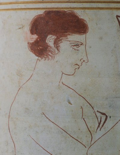 Attische Lekythos, zeigt eine Beerdigungsszene eines Kriegers, der vor seinem Grab sitzt, 420-410 v. Chr., zugeschrieben dem Maler Parrhasius von Ephesus, weißgrundige Keramik aus Athen, Griechenland. (Detail) von Greek School