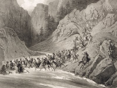 Tcherkersseians auf einem Überfall in der Nähe des Schwarzen Meeres, Tafel 4, aus einem Buch über den Kaukasus, graviert von Eugene Ciceri und Adolphe Jean-Baptiste Bayot, veröffentlicht von Alfred Leon Lemercier von Grigori Grigorevich Gagarin