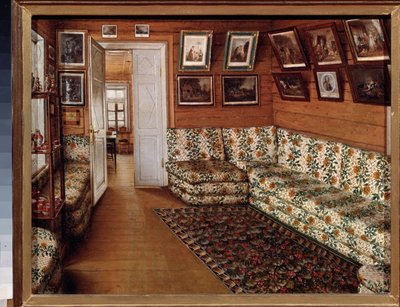 Der Empfangsraum in einem Herrenhaus - Gemälde von Grigori Vasilyevich Soroka (1823-1863), Öl auf Leinwand - Russische Kunst des 19. Jahrhunderts - Staatliches Freilichtmuseum für Geschichte und Kunst, Pskov (Russland) von Grigori Vasilievich Soroka