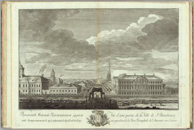 Newski-Prospekt mit dem Stroganow-Palast Buch zum 50. Jahrestag der Gründung von St. Petersburg, 1753 von Grigory Anikeevich Kachalov