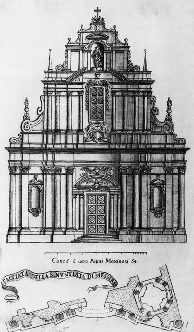 Fassade und Grundriss der Verkündigungskirche in Messina, Stich von Guarino Guarini (1624-1683), Italien von Guarino Guarini