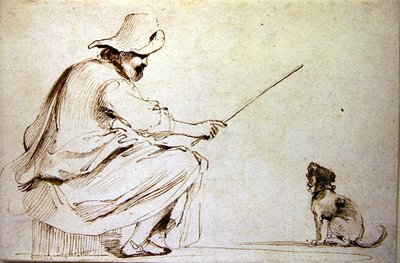 Ein sitzender Mann, der einen Hund trainiert von Guercino