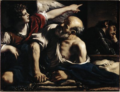 Der heilige Petrus wird von einem Engel befreit - Öl auf Leinwand, ca. 1622 von Guercino