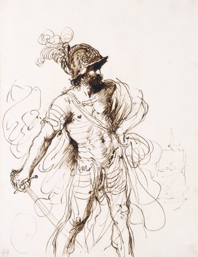 Mars, sein Schwert gezogen, nach rechts gedreht von Guercino