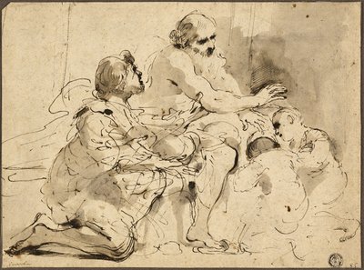 Studie für Jakob segnet die Söhne Josephs (recto); Skizzen: Heiliger Christophorus; Zwei Figuren im Gespräch über Geld (verso) von Guercino
