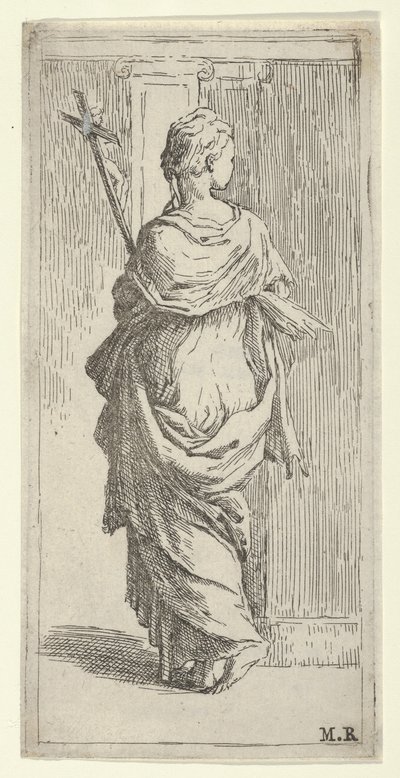 Mädchen, das ein Kruzifix trägt und auf einen Pfeiler zugeht, von hinten gesehen, ca. 1590-1600 von Guido Reni