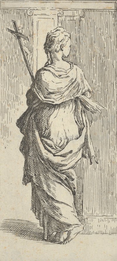 Mädchen, das ein Kruzifix trägt und auf einen Pfeiler zugeht, von hinten gesehen, ca. 1590-1600 von Guido Reni