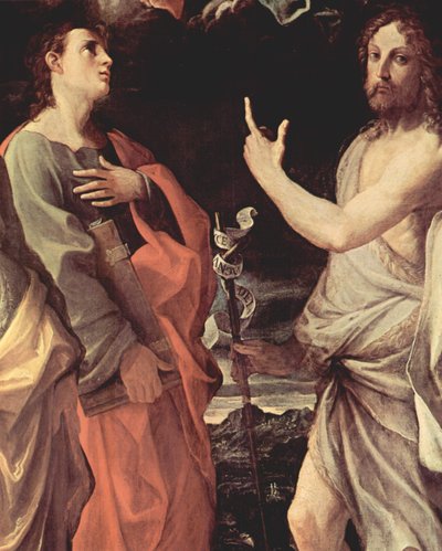 Krönung der Jungfrau mit den Heiligen Johannes Evangelist, Johannes der Täufer, Bernhard und Katharina von Alexandrien (Detail: Johannes Evangelist und Johannes der Täufer) von Guido Reni