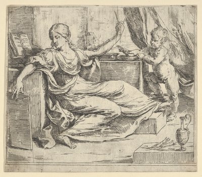 Sitzende Frau mit einem Tablet und Kompass, Allegorie des Lernens, ein geflügelter Putto... von Guido Reni