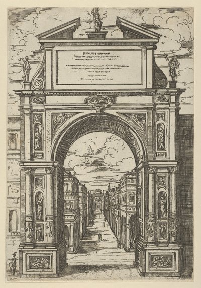 Triumphbogen mit einer Statue, die die Stadt Bologna darstellt, Gebäude im Hintergrund von Guido Reni