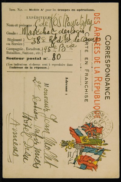 Autographen-Postkarte an Jean Mollet, datiert 16. September 1915 von Guillaume Apollinaire