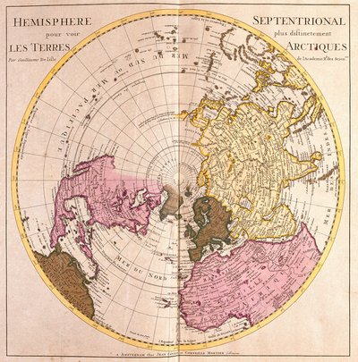 Karte der nördlichen Hemisphäre, Beschreibung des arktischen Landes (Starkes Wasser) von Guillaume Delisle