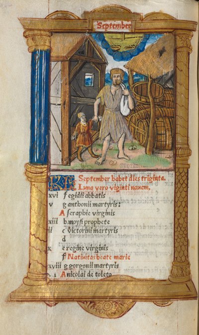 Gedrucktes Stundenbuch Gebrauch von Rom: fol. 10v, September Kalenderillustration, 1510 von Guillaume Le Rouge