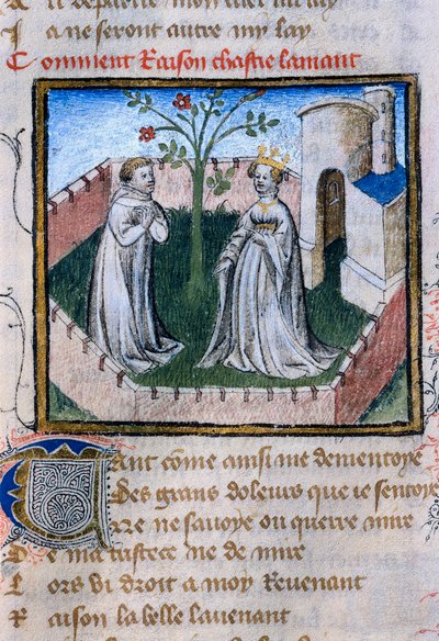 Darstellung eines Liebespaares in der Nähe einer Rose, Miniatur in "Roman de la Rose" von Guillaume de Lorris