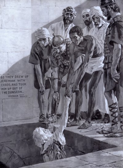 Jeremia wird aus dem Brunnen gezogen, in den er auf Rat der Fürsten von König Zedekia geworfen wurde (Lithografie) von Gunning King