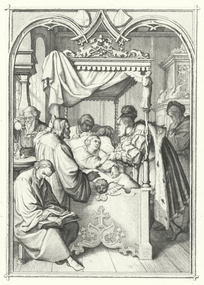 Johann, Kurfürst von Sachsen, besucht Martin Luther im Krankenhaus (Stich) von Gustav Ferdinand Leopold Konig