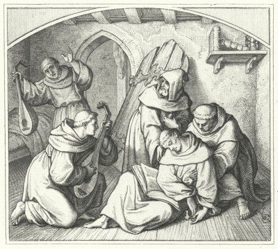 Martin Luther fällt in Ohnmacht mit einer Bibel in der Hand und seine Freunde bringen ihn wieder zu Bewusstsein (Stich) von Gustav Ferdinand Leopold Konig