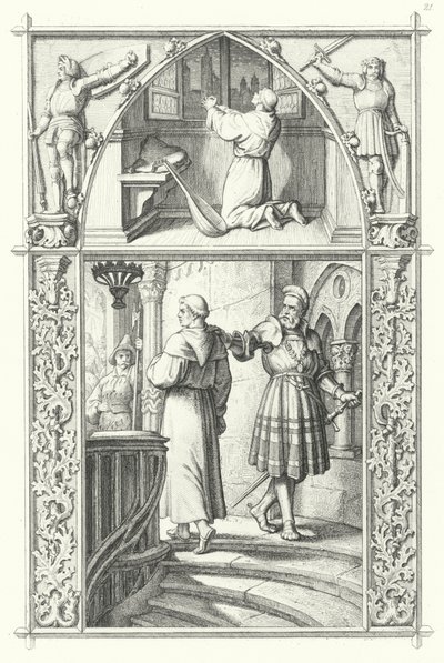 Martin Luther im Gebet, während er sich auf den Reichstag zu Worms vorbereitet (oben). Georg von Frundsberg ermutigt Martin Luther (unten) (Stich) von Gustav Ferdinand Leopold Konig
