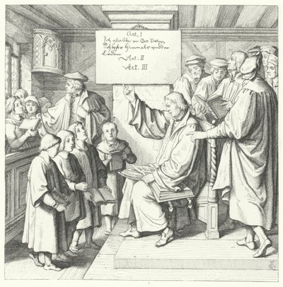 Martin Luther führt den Katechismus in die Schule ein (Stich) von Gustav Ferdinand Leopold Konig
