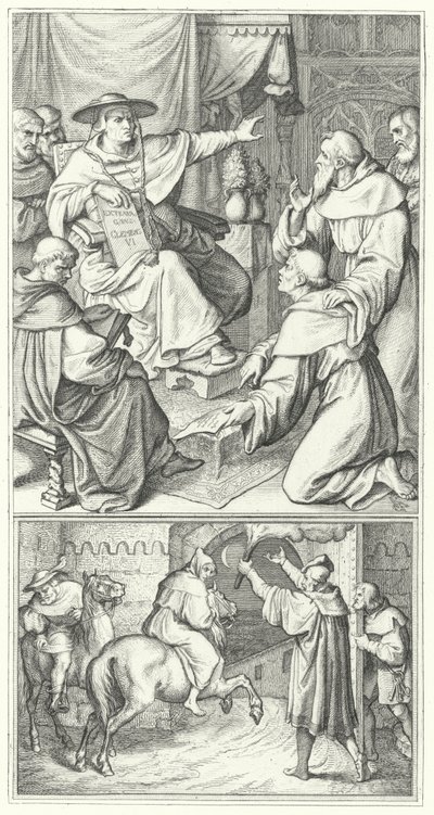 Martin Luther verlässt den päpstlichen Legaten in Wittenberg, Thomas Cajetan (oben). Martin Luther verlässt die Stadt Augsburg (unten) (Stich) von Gustav Ferdinand Leopold Konig
