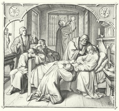 Martin Luther betet am Sterbebett von Philipp Melanchthon (Gravur) von Gustav Ferdinand Leopold Konig