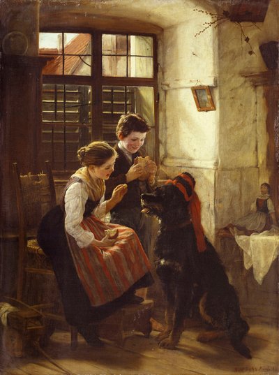 Das geduldige Tier (The Patient Pet). Zwei Kinder haben ihrem Hund (Haustier) einen Hut aufgesetzt und bieten ihm Brot zum Essen an. Gemälde von Gustav Igler (1842-1908) von Gustav Igler
