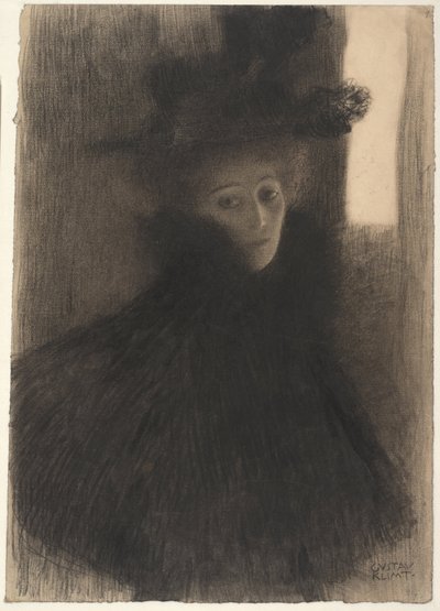 Porträt einer Dame mit Umhang und Hut von Gustav Klimt