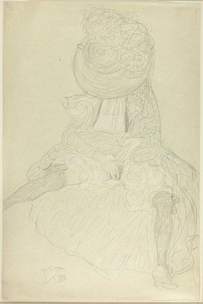 Sitzende Frau von vorne mit Hut, Gesicht verhüllt von Gustav Klimt