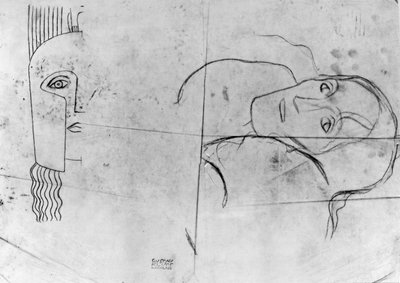 Studien für Ver Sacrum 1900 - Pallas Athene und ein tragischer Kopf, 1897-98 (Bleistift und blauer Kreide auf Transparentpapier) von Gustav Klimt