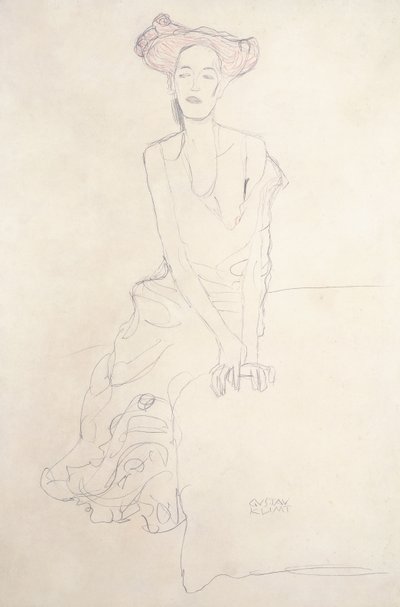 Junge Frau, die sich mit ihren Händen abstützt von Gustav Klimt