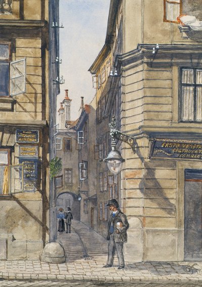 Die Brunngasse mit dem ersten vegetarischen Restaurant in Wien von Gustav Korompay