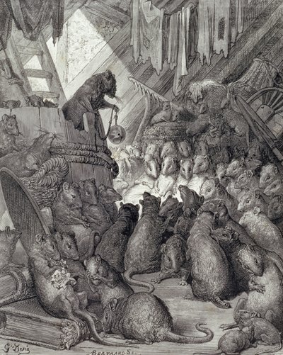 Der Rat der Ratten, aus den Fabeln von La Fontaine, graviert von Antoine Valerie Bertrand (geb. 1823) ca. 1868 von Gustave (after) Dore