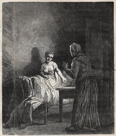 Marguerite betritt Fantines Zimmer und Fantine zeigt ihr zwei Napoleon-Münzen, die Cosette, ihre Tochter, retten können - Illustration von Gustave Brion (1824-1877) für „Die Elenden - Erster Teil: Fantine“ von Victor Hugo (1802-1885) 1862 von Gustave Brion