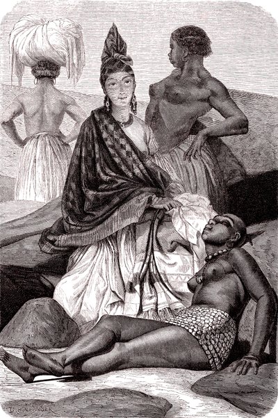 Signare, die mulattisch-französischen afrikanischen Frauen auf der Insel Gorée, Senegal. 1861 (Gravur) von Gustave Clarence Rodolphe Boulanger