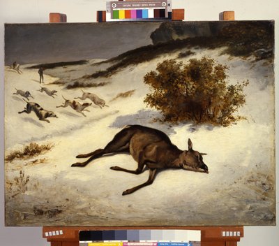 Hirsch im Schnee niedergedrückt von Gustave Courbet