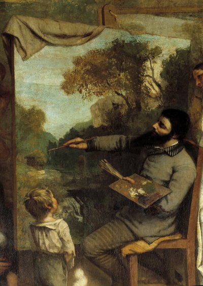 Das Atelier des Malers. Allegorie Reelle, die eine siebenjährige Phase meines künstlerischen Lebens (und moralischen) bestimmt. Detail (darstellend) der Maler bewundert von einem Kind, das die Unschuld der Jugend symbolisiert. Gemälde von Gustave Courbet ( von Gustave Courbet