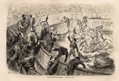 Ein Stier überquert die Barriere während eines Stierkampfes in Valencia von Gustave Dore